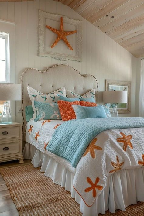 Whimsical Beach Bedroom, Coastal Bedrooms Master, Sea Themed Room, Boho Coastal Bedroom, Interior Bedroom Design, Coastal Bedroom Ideas, Ocean Room Decor, Bedroom With Balcony, Beach Room Decor