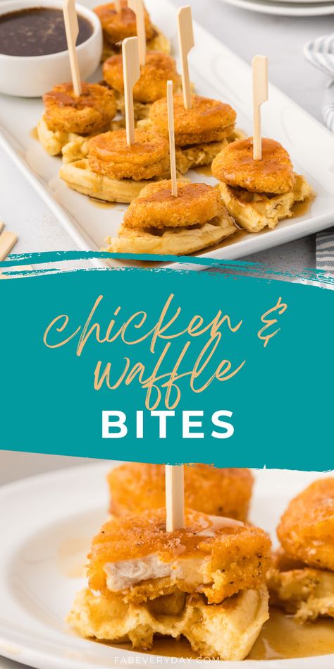 Easy Chicken And Waffles Appetizer, Mini Chicken And Waffles Appetizers, Waffle Appetizer, Chicken And Waffles Appetizer, Chicken And Waffle Bites, Mini Chicken And Waffles, Chicken And Waffles Recipe, Waffle Party, Waffle Bites