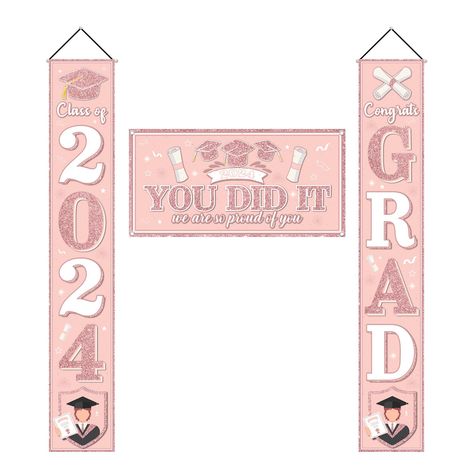 PRICES MAY VARY. Oxford Unique design: The pink graduation decorations 2024 design adopts the elements of graduation season, include the pattern of bachelor cap, graduation certificate, balloons that make the design more attractive and exquisite, You can easily create a dynamic graduation party atmosphere. Package Includes: You will get 3 pieces of pink graduation decorations set including 2 pieces of hanging banners and a large banner, which printed with "class of 2024" "Congrats GRAD" and "you Pink College Graduation Party, Light Pink Graduation Party, Gold Graduation Decorations, Pink Graduation Party, Grad Party Theme, 2024 Banner, Pink Graduation, Graduation Hair, Graduation Certificate