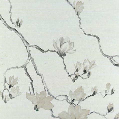 Blossom taupe on marshmallow wallpaper, phillipjeffries.com Philip Jeffries Wallpaper, Blossom Wallpaper, Magnolia Branch, Wallpaper Texture, Phillip Jeffries, Wallpaper Gallery, India Ink, Wallpaper Online, Print Wallpaper