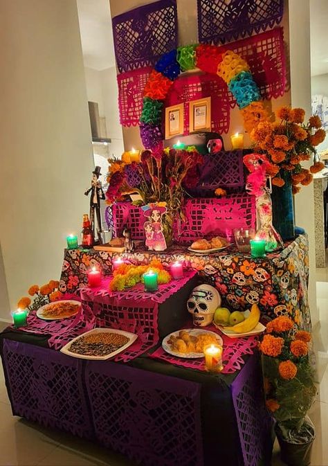 20 Day of the Dead Party Decor Ideas - Lady Celebrations Offrenda Table Ideas, Offrenda Table Ideas Diy, Dia De Los Muertos Decorations Ideas Altars, Coco Halloween Decorations, Small Ofrenda Ideas, Altar De Muertos Ideas, Mexican Ofrenda, Ofrenda Ideas, Altar Muertos