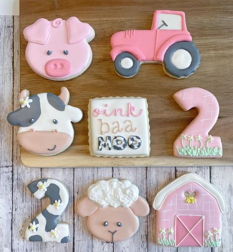 Pink Farm Birthday Cookies, Moo Moo Im Two Cookies, Farm Theme 2nd Birthday Girl, Oink Moo Cockadoodle Two Birthday, Oink Moo Cockadoodle Two, 2nd Birthday Farm Theme Girl, Oink Baa Moo Im Two Party Decorations, Oink Baa Moo Im Two, Moo Moo Im Two