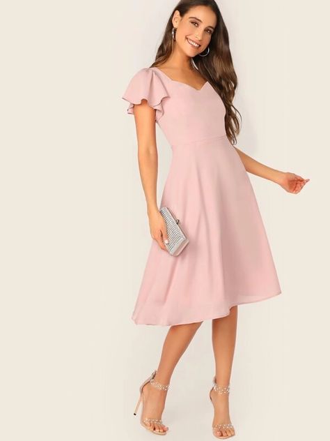 Flutter Sleeve Sweetheart Neck Fit & Flare Dress | SHEIN USA Tie Waist Maxi Dress, Shirred Dress, Sweetheart Dress, Pink Pastel, Midi Dress With Sleeves, Dress Zipper, Sweetheart Neck, Tiered Dress, 50's Dress