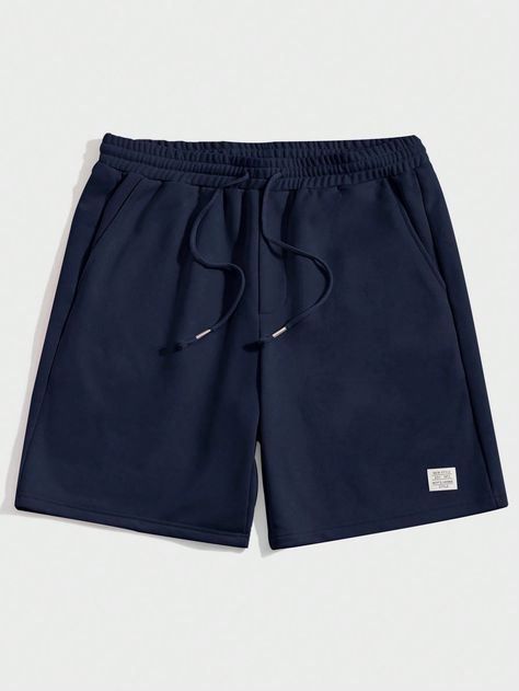 Navy Blue Casual Collar  Fabric Letter Track Shorts Embellished Slight Stretch Spring/Summer/Fall Men Clothing Sporty Navy Shorts, Navy Blue Short Shorts, Blue H&m Shorts, Navy Sportswear Shorts, Blue Compressive Shorts, Short Azul, Black Shorts Outfit, Blue Shorts Men, Mens Shorts Outfits