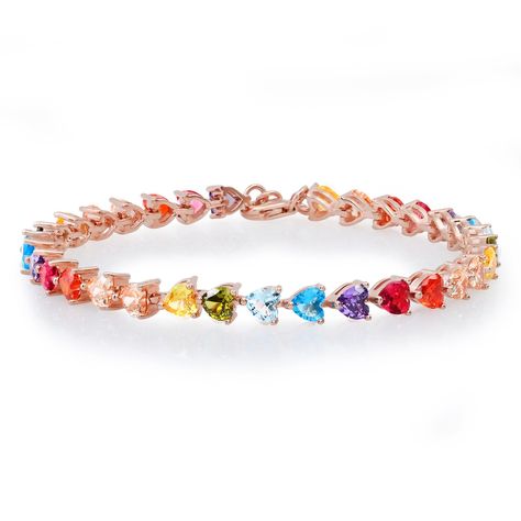 TAI JEWELRY | Rainbow Heart Tennis Bracelet | Bracelet | Heart Tennis Bracelet, Gold Tennis Bracelet, Rainbow Jewelry, Dare To Be Different, Shine Bright Like A Diamond, Jewelry Essentials, Stacked Jewelry, Funky Jewelry, Sparkle And Shine