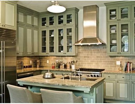 Brick backsplash-trying to get ideas for the brick in my kitchen Kitchens Colorful, Kitchen Layout With Peninsula, Colorful Kitchens, Olive Green Kitchen, Kitchen Color Green, Earthy Kitchen, Sage Garden, Sage Green Kitchen, Ideal Kitchen