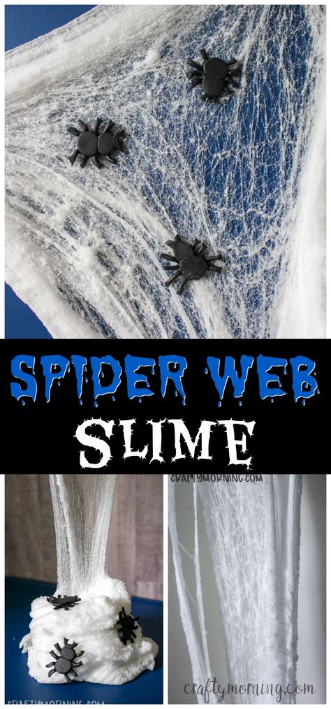 Make some spooky spider web slime with the kids! Halloween slime recipe to make using borax , glue, and a secret ingredient to get that stringy spiderwebby look! Great halloween sensory activity for kids. Spider Web Slime Recipe, Spooky Slime Recipe, Mad Science Arts And Crafts, Halloween Slime Diy, Fall Slime Recipe, Spider Web Slime, Spiders Web Craft, Spooky Activities For Kids, Halloween Slime For Kids