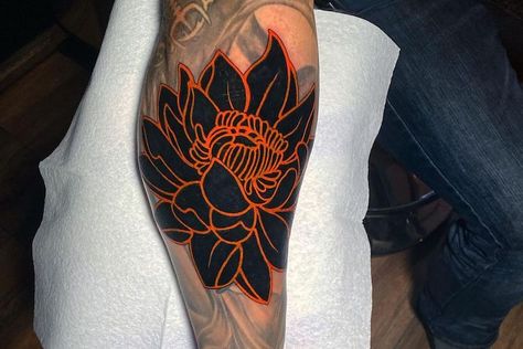 Orange And Black Tattoo, Blast Over Tattoo Cover Up, Dark Flower Tattoo Cover Up, Blackout Flower Tattoo, Large Cover Up Tattoo, Blackwork Tattoo Coverup, Blast Tattoo, Dark Cover Up Tattoos, Flower Cover Up Tattoo