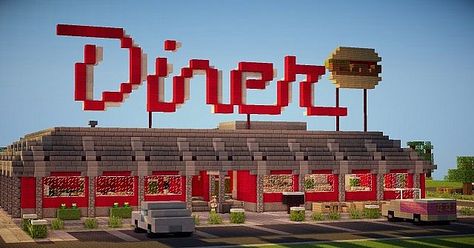 Diner Minecraft, Nyc Minecraft, Minecraft Diner, Minecraft Mountain House, Aesthetic Minecraft Builds, Minecraft Medieval House, Minecraft Modern City, Minecraft City Buildings, Minecraft Modern