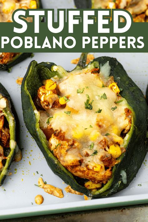 Stuffed Poblano Peppers Pablano Pepper Recipe, Make Shredded Chicken, Fun Dinner, Poblano Peppers, Mexican Dinner Recipes, Shredded Chicken Recipes, Mexican Dinner, Fresh Salad, Mexican Rice