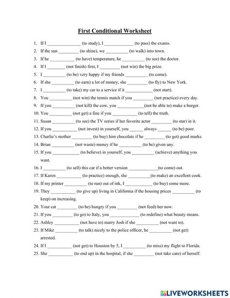 First conditional interactive worksheet for VII grade. You can do the exercises online or download the worksheet as pdf. Conditionals Grammar, First Conditional, English Language Activities, English Language Learning Activities, English Collocations, English Exercises, The Worksheet, English Vocab, English Activities