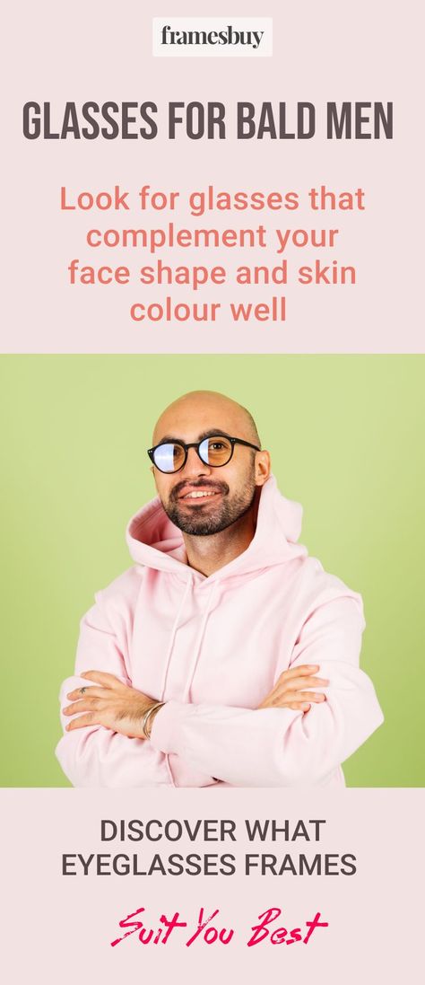 Looking for perfect pair of glasses frame for bald head? Not sure what suits no hair look? Our guide brings you tips to find what works well for no hair look. Glasses For Bald Men Shaved Heads, Bald Men Glasses Style, Bald Man With Glasses, Guy With Glasses, Bald Face, Glasses For Round Faces, Mens Eye Glasses, Long Face Shapes, Going Bald