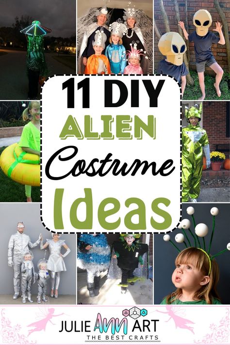 DIY Alien Costume Ideas 1 Space Dress Up Ideas, Diy Dog Alien Costume, Alien Costume Men Diy, Men’s Alien Costume, Space Dress Up Day School, Mens Alien Costume Diy, Family Space Theme Costumes, Cowboy Vs Aliens Costumes, Out Of This World Costume Ideas