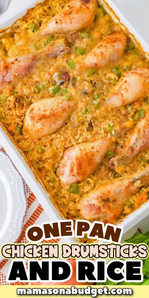 This is the ultimate cheap meal that your whole family will love. Chicken Legs And Rice Crockpot, Chicken Legs And Rice In The Crock Pot, Chicken Leg Recipes With Rice, Chicken Leg Dinner Recipes, Baked Chicken Legs And Rice Recipes, Meals With Drumsticks, Chicken Drumsticks And Rice Recipes, Baked Chicken Drumsticks And Rice, Chicken Leg Casserole Recipes