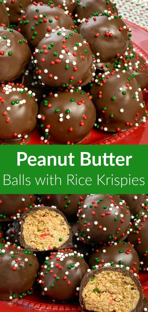 Peanut Butter Balls With Rice Krispies Recipe, Pb Balls With Rice Krispies, Rice Krispie Buckeyes, Chocolate Peanut Balls, No Cook Peanut Butter Balls, Buckeyes Recipe Rice Krispies, Rice Krispie Balls Christmas, Chocolate Peanut Butter Rice Crispie Balls, Peanut Butter Holiday Treats