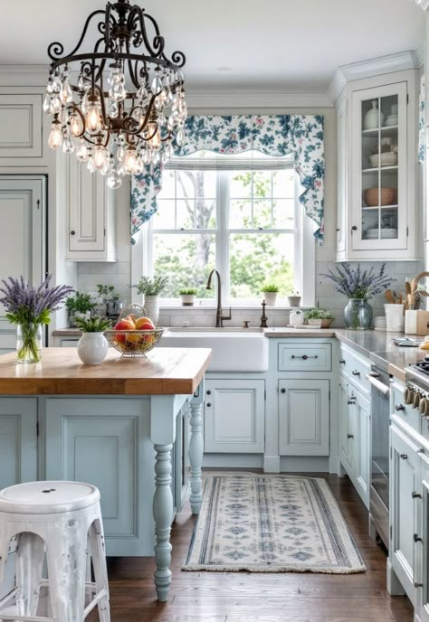 Rustic Kitchen Blue Shabby Chic Kitchen, Light Blue Country Kitchen, Blue Kitchen Cabinets Cottage, French Country Kitchens Blue, Blue Cream Kitchen, Beige And Blue Kitchen Ideas, Old Southern Kitchen, Light Blue And Wood Kitchen, Soft Blue Kitchen Cabinets