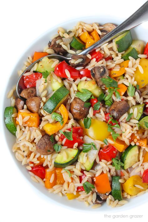 The Garden Grazer: Roasted Vegetable Orzo with Garlic-Balsamic Roasted Vegetable Orzo, Vegetable Orzo, Garden Vegetable Recipes, Garden Grazer, Easy Roasted Vegetables, Garlic Balsamic, Balsamic Recipe, Garden Vegetable, Roasted Vegetable