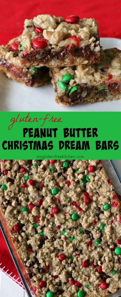 Gluten-free Peanut Butter Christmas Dream Bars recipe. Perfect for neighbor gifts and Santa's plate! Easy Gluten Free Bars, Best Gluten Free Christmas Desserts, Gluten Free Christmas Cookie Bars, Gluten Free Christmas Treats Easy, Gluten Free Desserts For Christmas, Gluten Free Candy Recipes, Christmas Treats Gluten Free, Christmas Recipes Gluten Free, Christmas Dessert Recipes Gluten Free