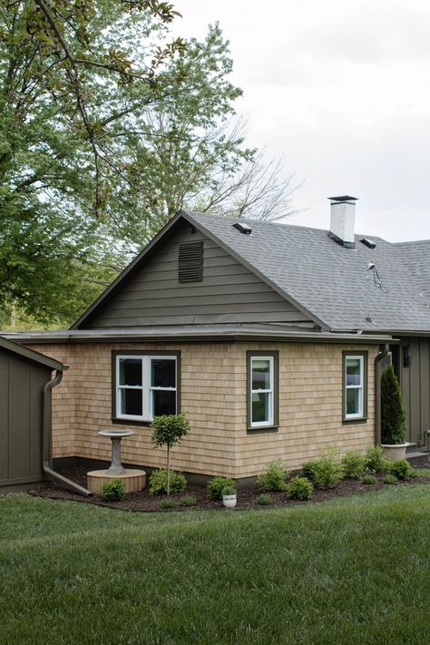 How We Transformed An Awkward Bedroom Exterior With Cedar Shingle Siding | Nadine Stay Cedar Shingle Siding Exterior, Shingle Siding Exterior, Cedar Shake Siding Colors, Muddled Basil, Moody House, Nadine Stay, Wood Slat Ceiling, Curtains Or Shades, Cedar Shingle Siding