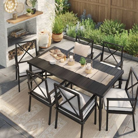 Modern Outdoor Dining Sets, Black Metal Dining Chairs, Dining Table Outdoor, Backyard Table, Outdoor Patio Dining, Outdoor Patio Table, Outdoor Dining Spaces, Backyard Furniture, Table Outdoor