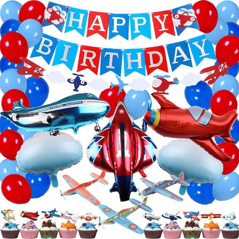 PRICES MAY VARY. Note: The banner NEEDS to be ASSEMBLED by yourself with the tool which was provided, but it is easy to set up. Airplane Birthday Party Decorations: This package set include 1 set airplane happy birthday banner, 1 set airplane banner, 3pcs Glider Planes, 30pcs latex balloons, 10pcs plane cupcake toppers, 3pcs plane foil balloons, 2pcs cloud foil balloons, total 50pcs airplane theme party supplies. High Quality Airplane Party Supplies: Airplane banner and garland are made from dur Two Fly Birthday Party, Airplane Birthday Decorations, Cloud Balloons, Airplane Party Decorations, Airplane Birthday Party Decorations, Vintage Airplane Party, Planes Birthday, Balloons Cake, Birthday Pic