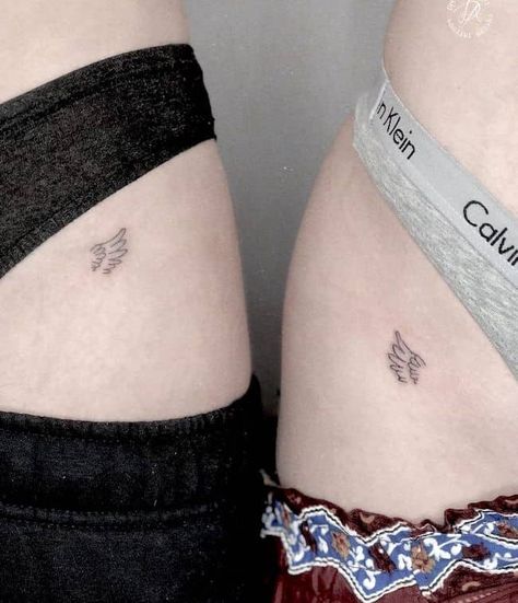 Two Person Tattoos Ideas, Small Tattoos For Twins, Plane Wing Tattoo, Throuple Matching Tattoos, Twin Meaning Tattoo, Tattoo Ideas For Twin Sisters, Dainty Twin Tattoos, Fraternal Twin Tattoos, Non Matching Tattoos