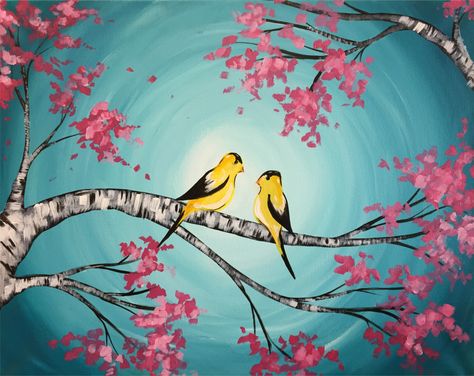 I am going to paint Spring Finches at Pinot's Palette - St. Matthews to discover my inner artist! Spring Birds Painting, Spring Paint Night, Birds On Branch Painting, Birds In Trees Painting, Painting Of Birds On A Branch, Love Birds Painting, Pinots Palette, Bird Painting Acrylic, Ellicott City