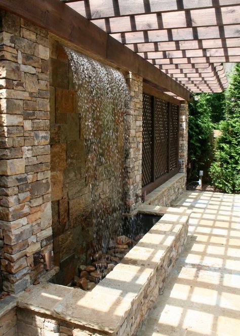 Brownstone Patio, Outdoor Foyer, Outdoor Wall Fountains, Water Fountain Design, Garden Gate Design, Glass Waterfall, Indoor Water Features, Water Feature Wall, Indoor Water Garden