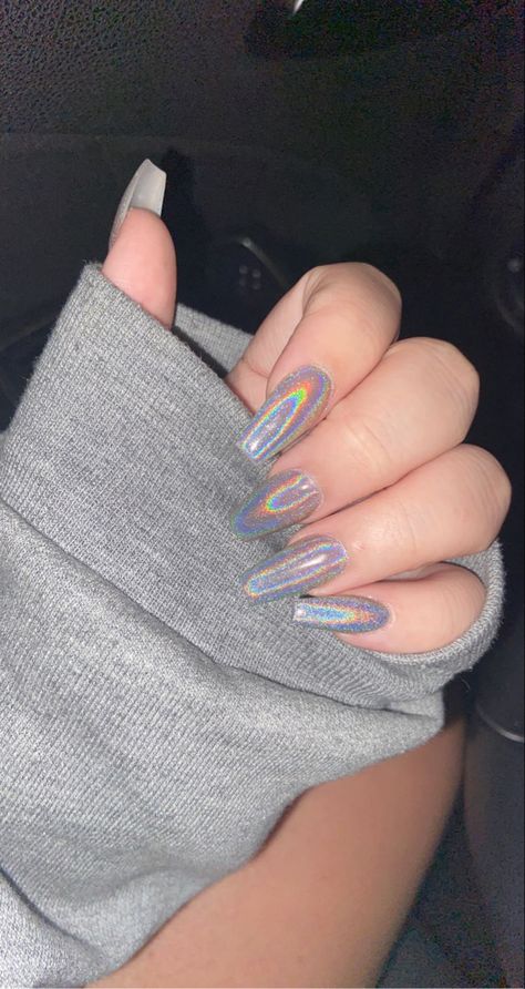 Holographic Coffin Acrylic Nails, Coffin Holographic Nails, Iridescent Nails Coffin, Iridescent Square Nails, Silver Holo Nails, Holo French Tip Nails, Holographic Nails Coffin, Holo Chrome Nails, Coffin Nails Chrome