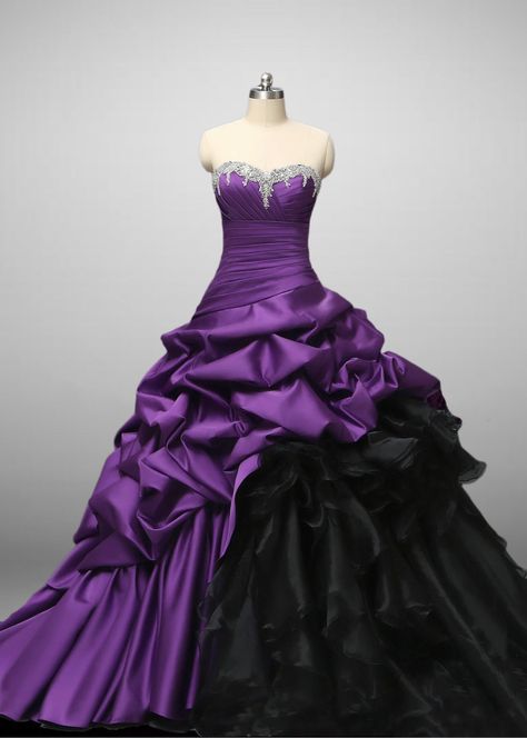 Gothic Purple And Black Strapless Beaded Wedding Dress Plus Size - WonderlandByLilian Black And Purple Ombre Dress, Purple And Black Wedding Theme Dress, Purple And Black Wedding Dresses, Royal Purple Wedding Dress, Sanrio Quinceanera, Purple Wedding Dress The Bride, Purple And Black Wedding Dress, Dark Purple Ball Gown, Wedding Dress Purple