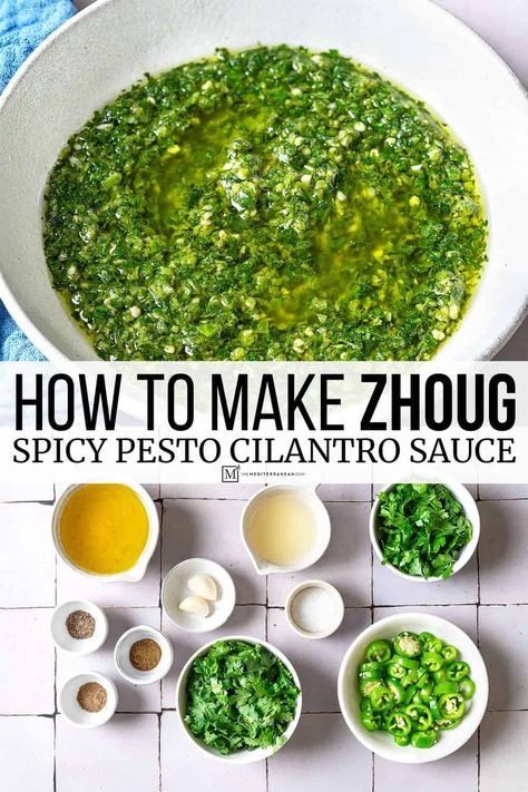 Zhoug is a spicy Mediterranean condiment made with parsley, cilantro, hot green chilis, and warming spices. Zhoug sauce is the new hot sauce! Zoug Sauce, Mediterranean Sauces, Moroccan Sauce, Green Sauces, Zhoug Sauce, Mediterranean Sauce, Green Chilis, Cilantro Pesto, The Mediterranean Dish