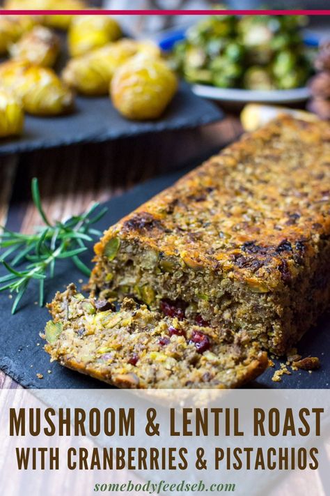 A wonderful centrepiece for a meat-free Christmas dinner - our Vegetarian Nut Roast with Cranberries & Pistachios is our favourite thing to have with a good helping of delicious gravy and all the other compulsory trimmings! Made with two types of mushrooms and green lentils, and generously studded with pistachios and dried cranberries, this is a good looking roast that will impress both with the flavours and textures! #christmasrecipes #vegetarianchristmas #nutroast Nutroast Christmas, Vegetarian Nut Roast, Christmas Recipes Sides, Cooking Green Lentils, Mushroom Vegan, Nut Roast, Types Of Mushrooms, Vegetarian Roast, Veggie Bites