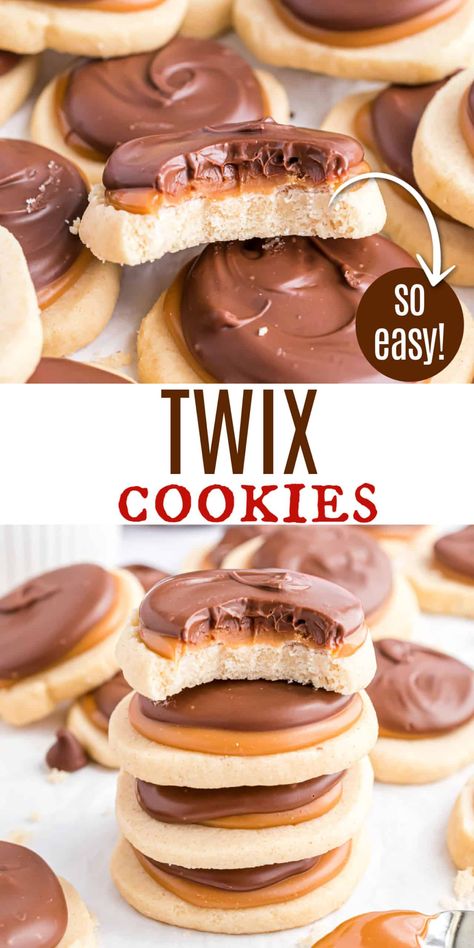 These Twix cookies have a buttery shortbread cookie base with creamy caramel and chocolate on top! I'm not even kidding when I say they are addictive! Cookie Base Recipe, Twix Cookies, Christmas Cookie Recipes Holiday, Cookie Toppings, Shugary Sweets, Yummy Desserts Easy, Buttery Shortbread Cookies, Cookie Brownie Bars, Gourmet Cookies