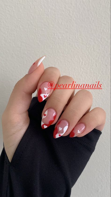 Abstract almond shaped whiteand red with hearts Red And White Acrylic Nails Almond, Almond Valentines Nails Pink, Valentine’s Day Almond Nails, Valentine’s Day Nails Almond, Valentines Day Nails Almond Shape, Almond Valentines Nails, Valentines Day Nails Almond, Valentine Nails Pink, Trendy Almond Nails