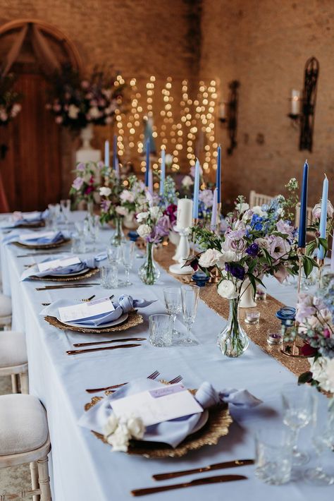 Wedding Reception Table Runner Ideas, Purple And Blue Rustic Wedding Ideas, Blue And Purple Table Decorations, Light Blue Purple Wedding, Table Decorations Blue And Gold, Blue Candlesticks Wedding, Blue Candle Sticks Wedding, Blue Purple Gold White Wedding, Light Blue And Purple Wedding Decor