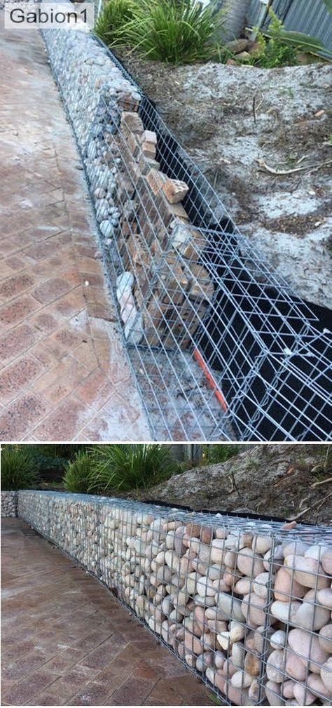 Retaining Wall With Rocks, Brick Retaining Wall, Rock Wall Landscape, Gabion Wall Design, Gabion Walls, Gabion Stone, Retaining Wall Ideas, Gabion Retaining Wall, Backyard Retaining Walls