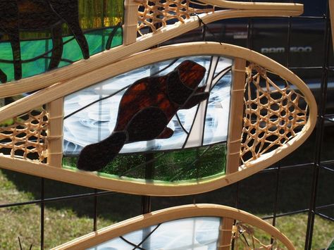 stained glass snowshoe creation, Haliburton arts and crafts show, 2012 Beaver Stained Glass Pattern, Stained Glass In Snowshoes, Snow Shoe, Scroll Art, Fused Glass Panel, Stained Glass Patterns Free, Art And Craft Shows, Mosaic Animals, Mosaic Madness