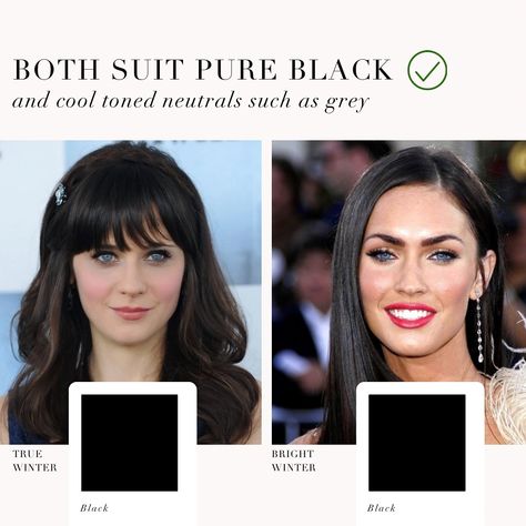 Colour analysis comparison, True Winter VS Bright Winter 🖤 . #coloranalysis #colouranalysis #coloranalyst #winterpalette #zooeydeschanel #meganfox Cool Winter Vs Bright Winter, Bright Winter Celebrities, Color Seasons, Clear Winter, Soft Dramatic, Colour Analysis, Winter Color Palette, True Winter, Seasonal Color Analysis