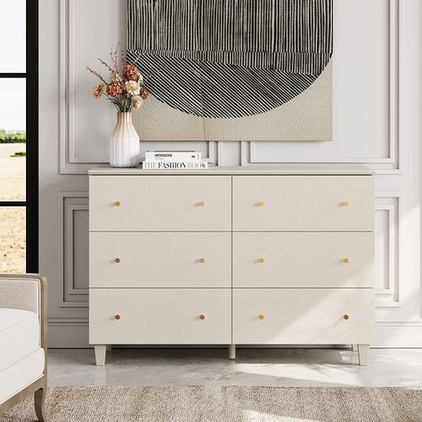 6 Drawers Dresser for Bedroom, Wooden Wide Chest of Drawers, Beige Modern Closet Storage Organizer Unit Furniture with Solid Wood Legs for Living Room, Hallway, Nursery, Beige Dressers, Beige Nursery, Wide Chest Of Drawers, Baby Dresser, Nursery Dresser, Freestanding Storage, Modern Closet, Kids Dressers, Organization Furniture