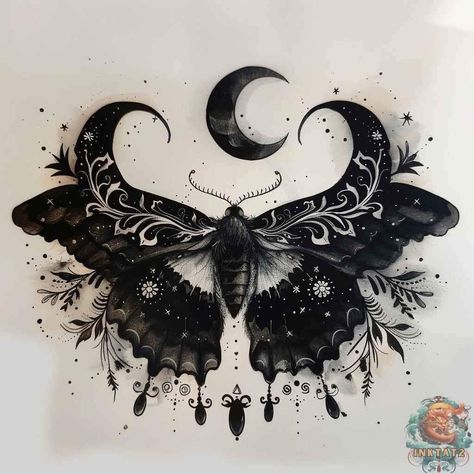 Moon Tattoo Sleeve Ideas, Dark Femininity Tattoos, Gothic Stomach Tattoos Women, Elegant Gothic Tattoos, Dark Moth Tattoo Design, Witchy Lower Back Tattoos, Cosmic Tattoos For Women, Dark Chest Tattoos For Women, Moon Cycle Tattoo Designs