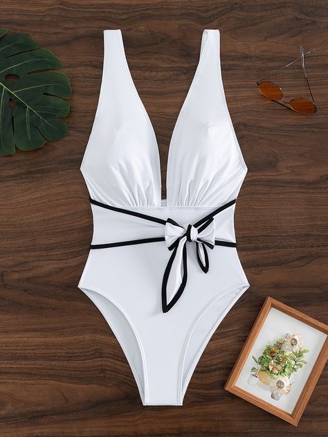 White  Collar  Fabric Plain  Embellished High Stretch  Swimming & Beach Bathing Suit Styles, Swimming Beach, Plunging One Piece Swimsuit, Bathing Suit Covers, Jewelry Outfit, Dress Sewing Patterns, Jumpsuit Fashion, Moda Fitness, Swimwear Outfit