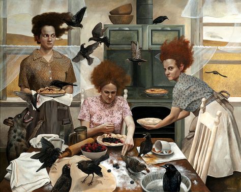 Andrea Kowch - The Visitors Andrea Kowch, Three Women, Magic Realism, American Gothic, Arte Animal, The Visitors, Sign Printing, Fine Art Gallery, Art Collector