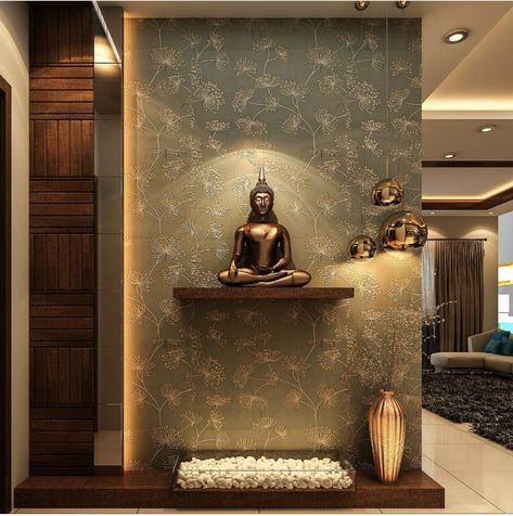 Buddha Foyer Decor, Aesthetic Foyer Ideas, Foyer Design Buddha, Buddha Living Room Decor Ideas, Entryway Ganesh Decor, Buddha At Home Entrance, Buddha In Living Room, Entrance Area Design Entryway, Foyer Buddha