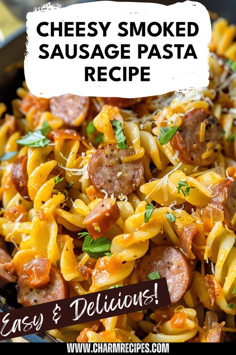 Enjoy a mouthwatering dish of Cheesy Smoked Sausage Pasta that's sure to become a family favorite. This easy and quick recipe combines savory smoked sausage with rich cheese, creating a creamy pasta that's comforting and satisfying. Perfect for busy weeknights, it's hearty enough to please everyone at the dinner table. Serve it up with a side salad or some bread for a complete meal. Get ready to impress your friends and family with this delicious, flavorful comfort food that is a standout in pasta dishes. Easy But Yummy Dinners, Smoked Sausage Pasta Bake, Smoked Sausage With Pasta, Mac And Cheese With Sausage Recipe, One Pan Cheesy Smoked Sausage And Pasta, Pasta And Kielbasa Recipes, Cheddar Smoked Sausage Recipes, Smoked Sausage Crockpot Recipes, Sausage And Pasta Recipes Easy