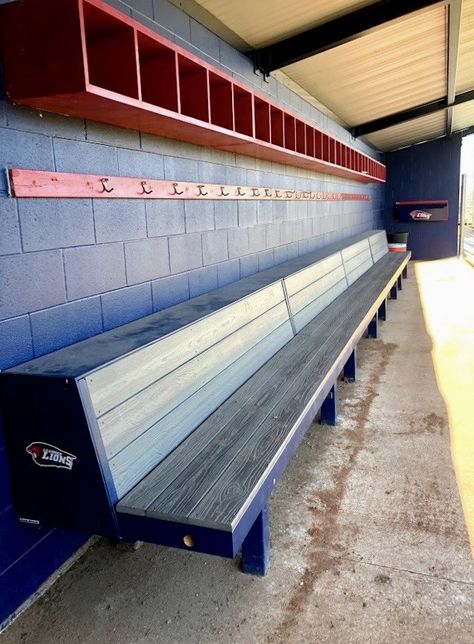 #dugout #dugoutfurniture #dugoutbenches #baseballbenches #baseballstorage #helmetrack #helmetstorage #benches #softballbenches #sportcomplex #baseballracks #baseballbatrack Baseball Dugout Ideas, Softball Dugout, Athletic Locker, Baseball Bat Rack, Indoor Batting Cage, Softball Helmet, Baseball Dugout, Batting Cage, Helmet Storage