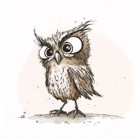 Funny Owl Drawing, Cartoon Owl Drawing, Cute Owl Drawing, Penguin Sketch, Funny Owls, Watercolor Books, Owls Drawing, Beautiful Owl, Creature Drawings