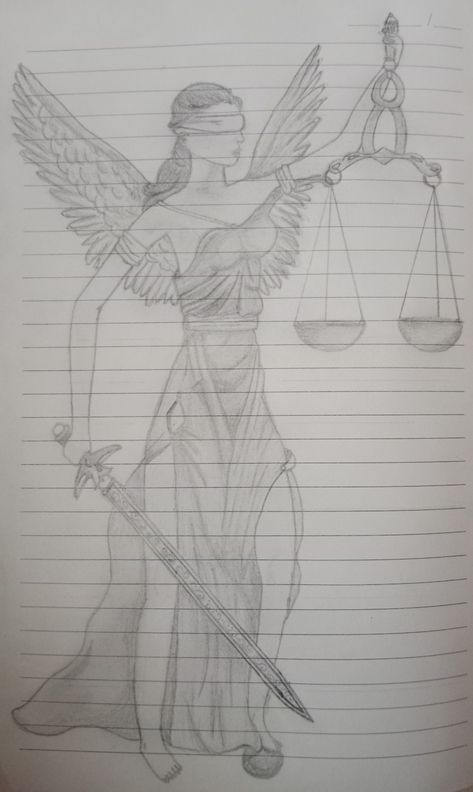 In Greek mythology and religion, Themis is the goddess and personification of justice, divine order, law, and custom. Themis is generally depicted with her symbols – scales and a sword – and also at times with a blindfold as a sign of impartiality. #greek_mythology #sketches #inspirational_artista Mythology Sketches, Law Sketch, Themis Goddess, Divine Order, Goddess Of Justice, Scribble Drawing, Painting Subjects, Pen Design, Pencil Portrait