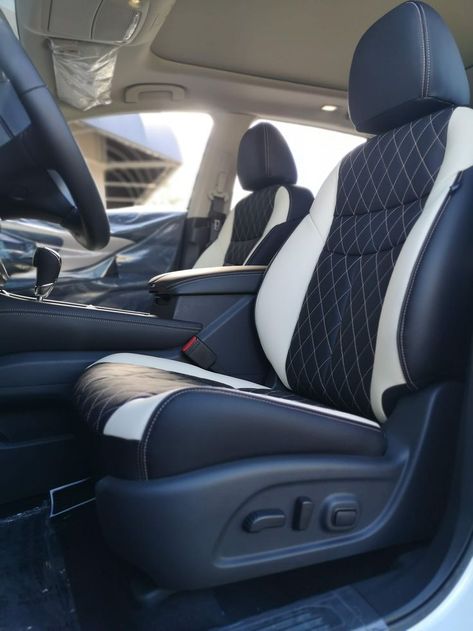 Custom leather seats in a car. These seats are black with white wings and diamond shaped stitching in the center inserts 2015 Nissan Altima, Automotive Upholstery, Leather Seats, White Wings, Diamond Stitch, Nissan Altima, Automotive Interior, Custom Leather, Black Trim