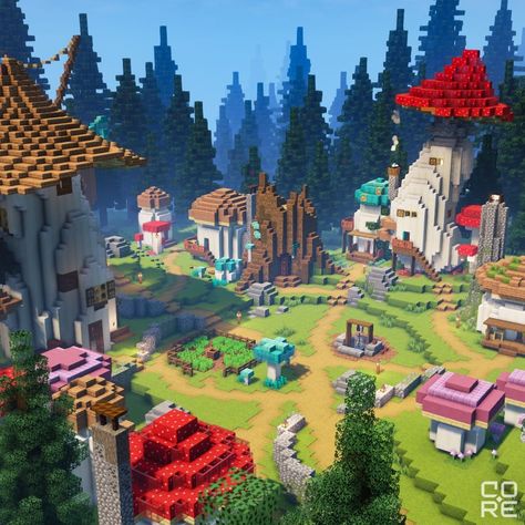 Minecraft Fantasy Town Ideas, Mushroom World Minecraft, Magical Village Minecraft, Minecraft Fantasy World Ideas, Minecraft Building Ideas Magic, Minecraft Colorful Village, Mc Fairy House, Minecraft Pixie Hollow, Minecraft Multiplayer Ideas