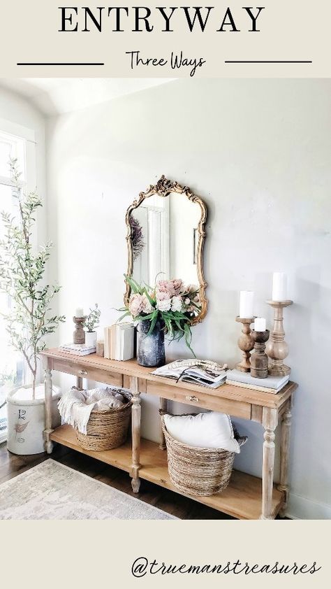 truemanstreasures on Instagram: Ya need some ideas for your entry or console table? I have three for you! 1. Cottage/garden theme 2. Thrifted and vintage pieces 3.… French Country Entryway Ideas, French Country Foyer, French Country Entryway, European Farmhouse, Wall Molding, Garden Theme, French Country Style, Vintage Pieces, Some Ideas